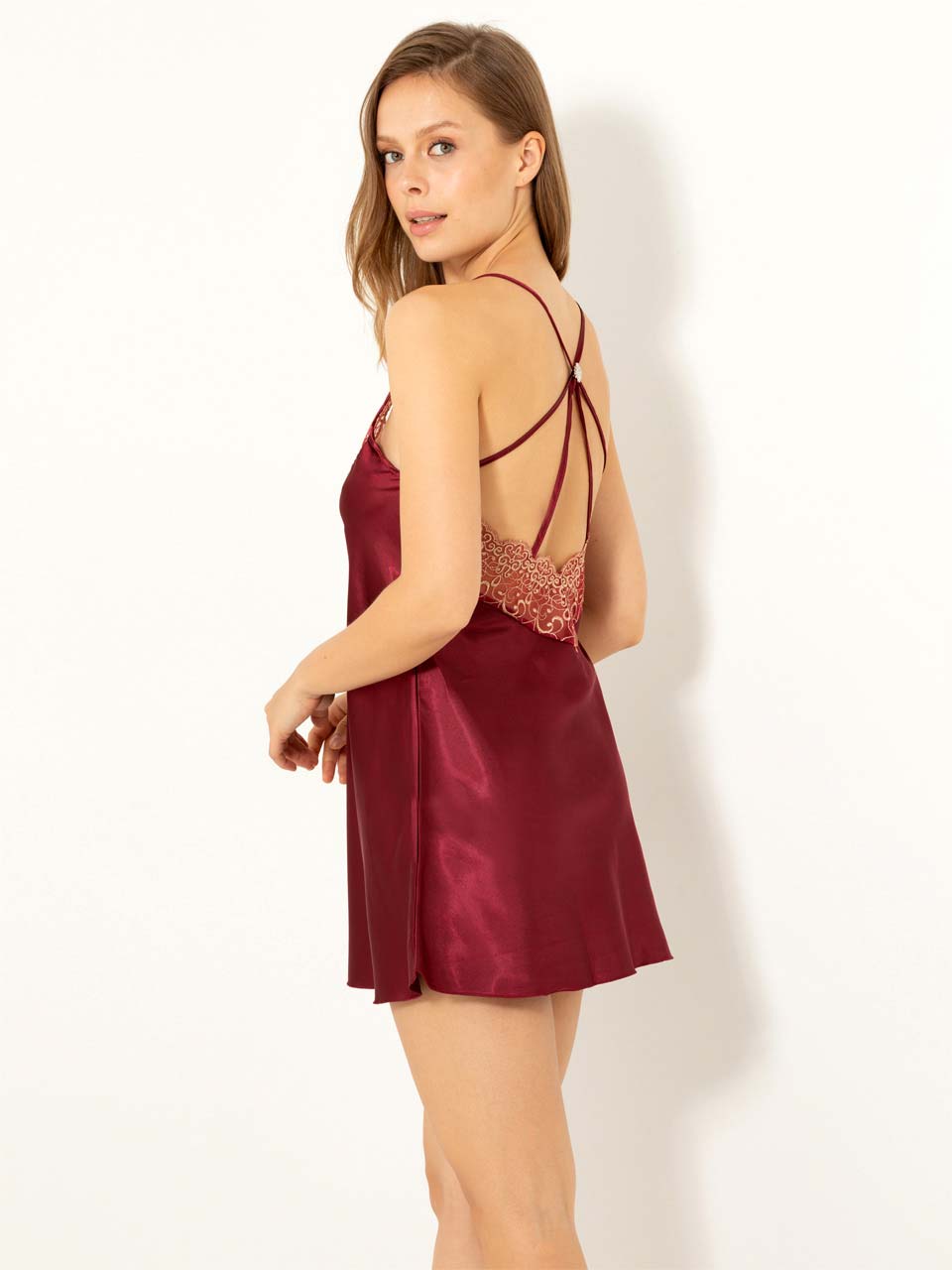 Back Cross Strap Stony Guipure Satin Mini Sleepwear - My Store Women's Clothing 