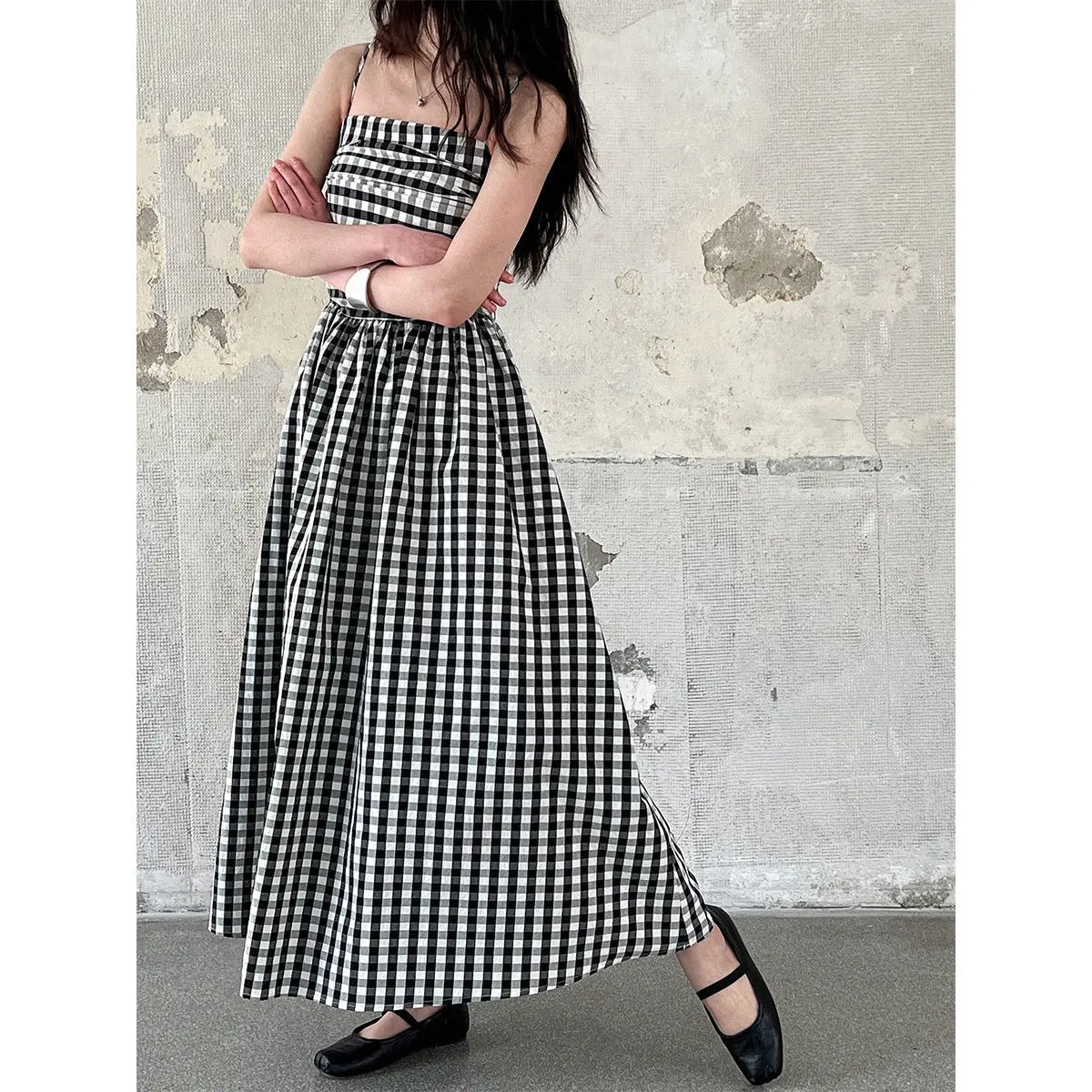 Checkered strapless camisole dress with exposed shoulders and folded waist A-line long skirt eprolo