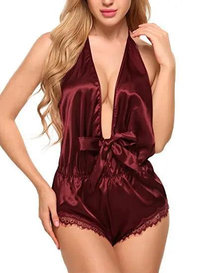 Sexy Women's Sleepwear Sexy Satin Pajama Set Black Lace V-Neck Pyjamas Sleeveless Cute Cami Top And Shorts Erotic lingerie eprolo