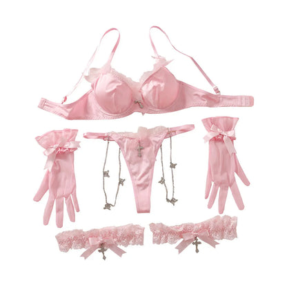 Japanese Cute Girl Pink Bow Sex Bra Set Elegant Lace Sexy Underwear Underwear Four Piece Set eprolo