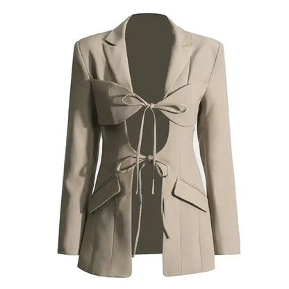 V-neck tie with hollow waist irregular splicing design stylish suit jacket for women eprolo