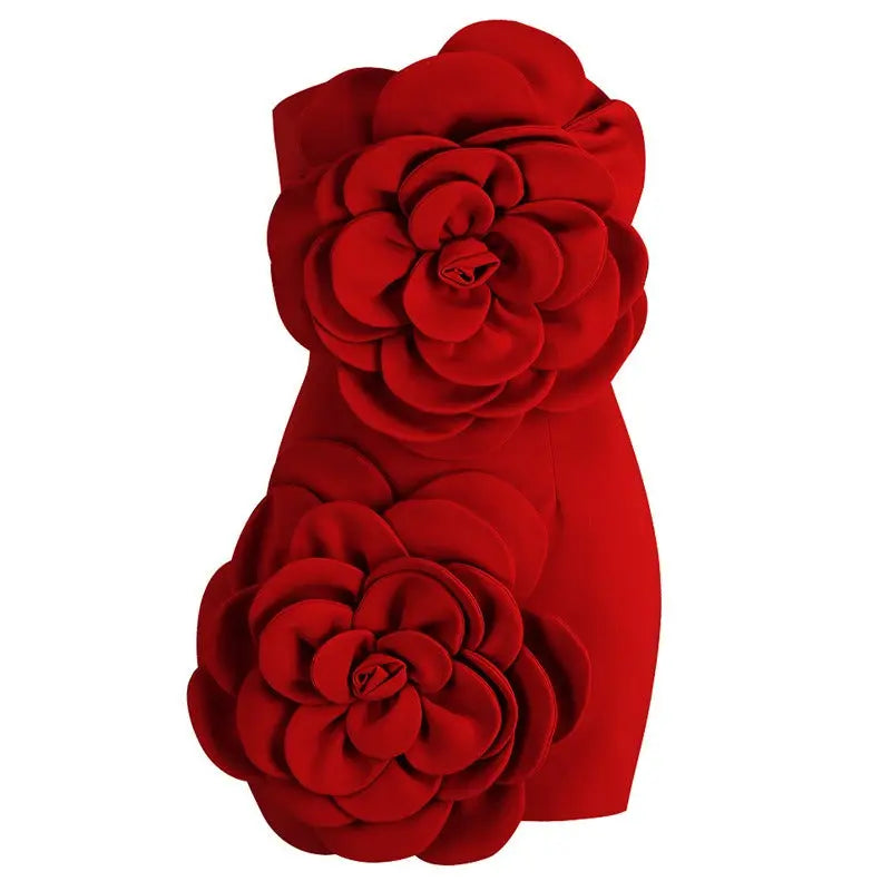 Red strapless skirt three-dimensional flower dress eprolo