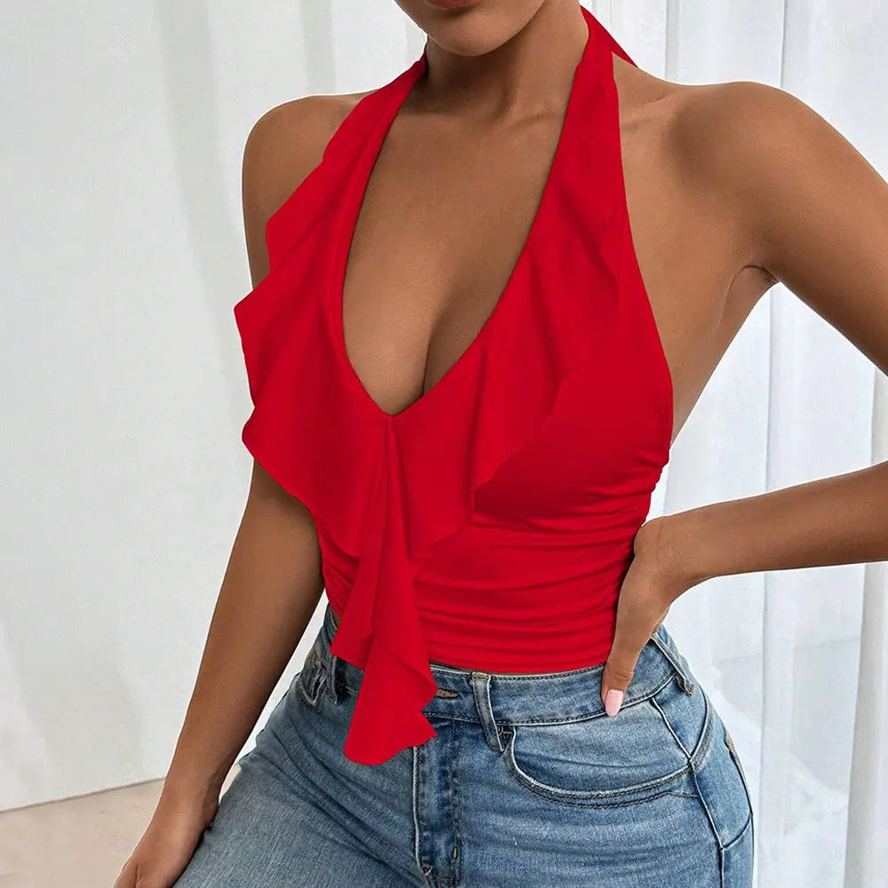 Women's sexy neck hanging red vest with backless design short top eprolo