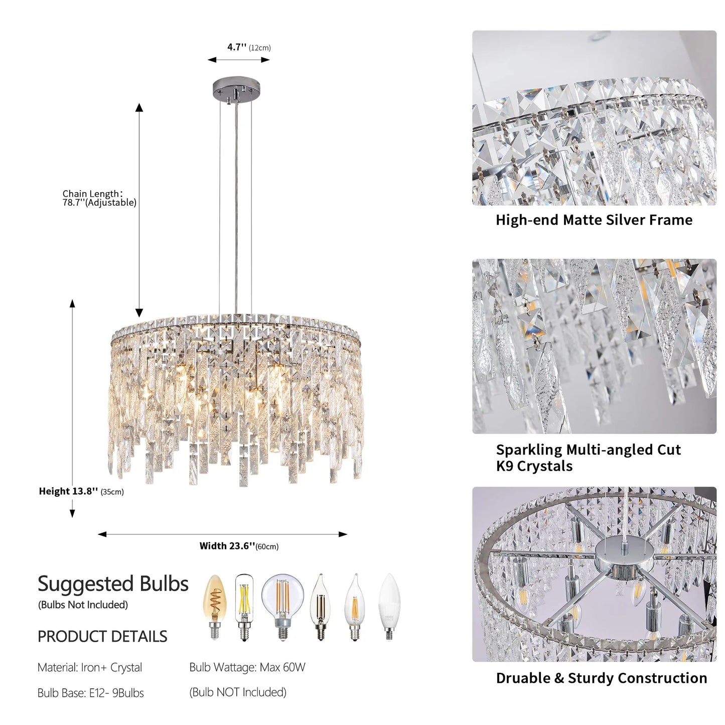 Deluxe round silver crystal chandelier, modern rectangular chandelier (excluding light bulbs) eprolo