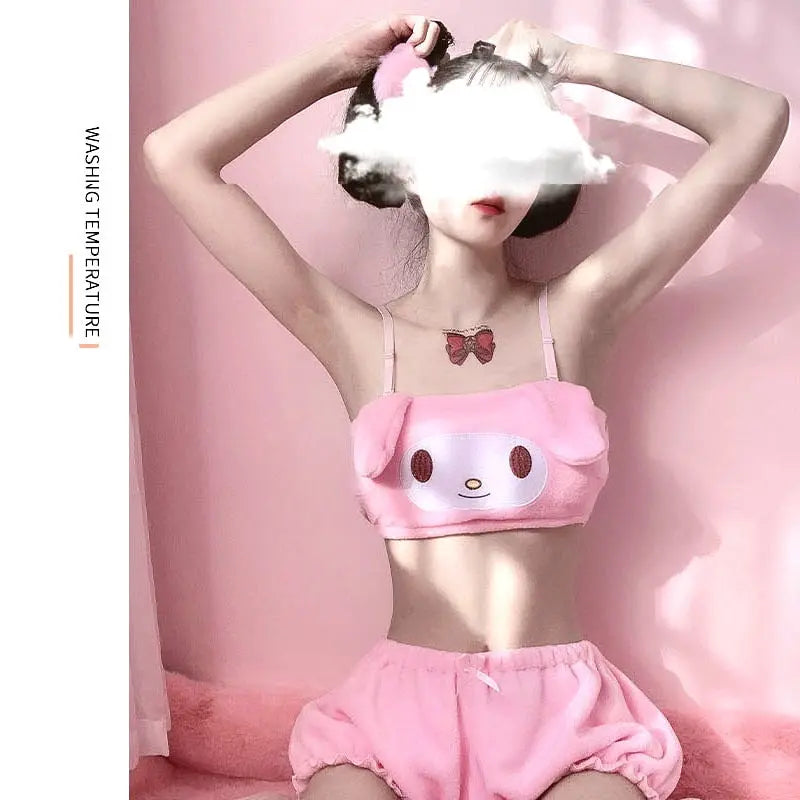 Anime Melody Kwaii Velvet Tube Top Panties Set: Adorable long ear doggy lingerie for girls and women, perfect for comfort.