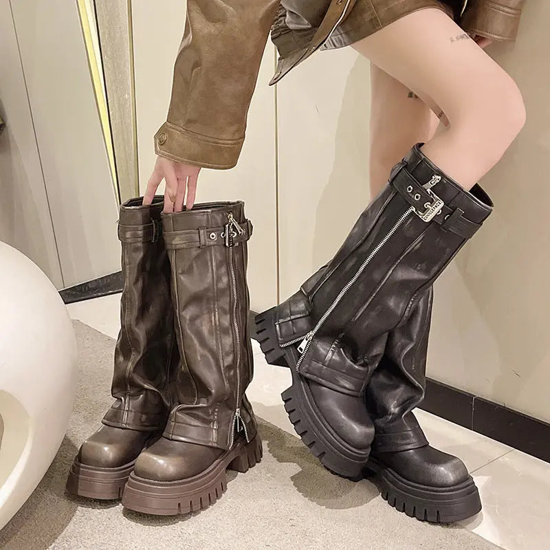 Luxury PU leather fashion Belt Buckle boots sexy ladies Zip Warm Casual Shoes Knee-High Square toe platform chunky boots women eprolo