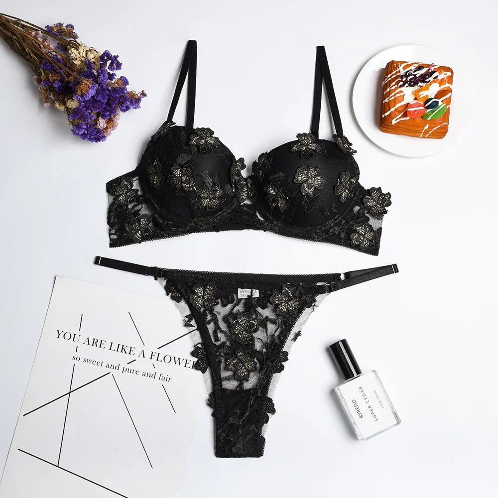 New Sexy Lingerie Set Flower Embroidery Girl Underwear With Chest Pad eprolo