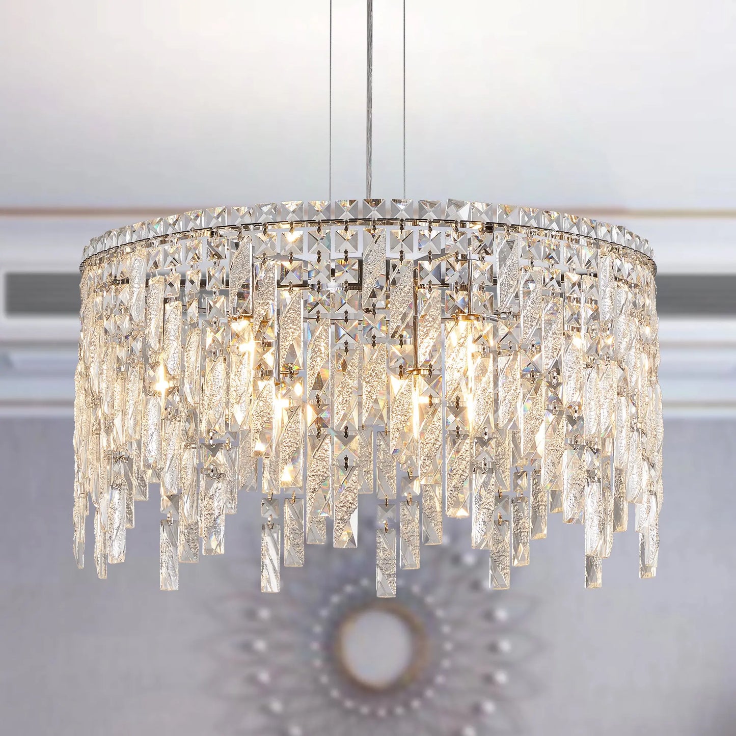 Deluxe round silver crystal chandelier, modern rectangular chandelier (excluding light bulbs) eprolo