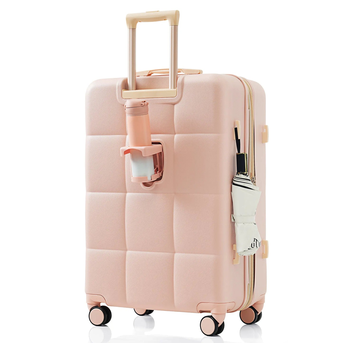 3-piece luggage set, 20 inches, ABS hard shell luggage with USB port and cup holder rotating wheel, pink color eprolo