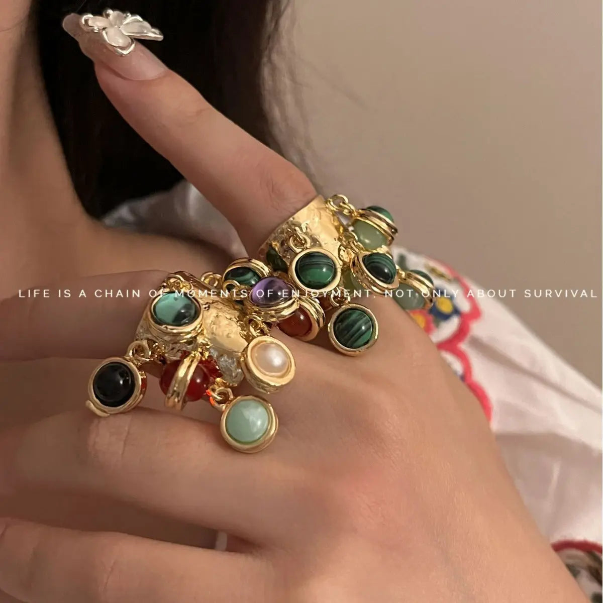 Retro court natural gemstone peacock stone glass multi pendant high-end tassel open ring eprolo