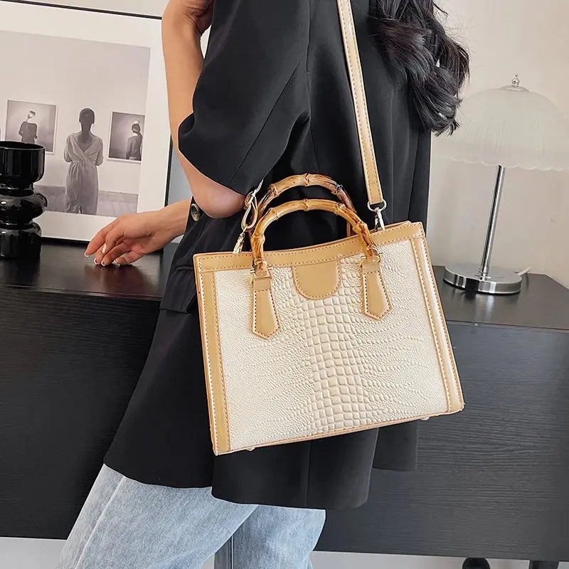 High Quality Leather Shoulder Bag For Women Luxury Alligator Handbag Designer Women Bag Retro Bamboo Handle Tote Bag Female eprolo