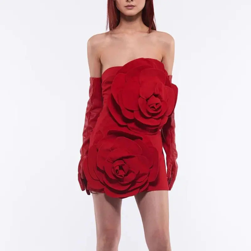 Red strapless skirt three-dimensional flower dress eprolo