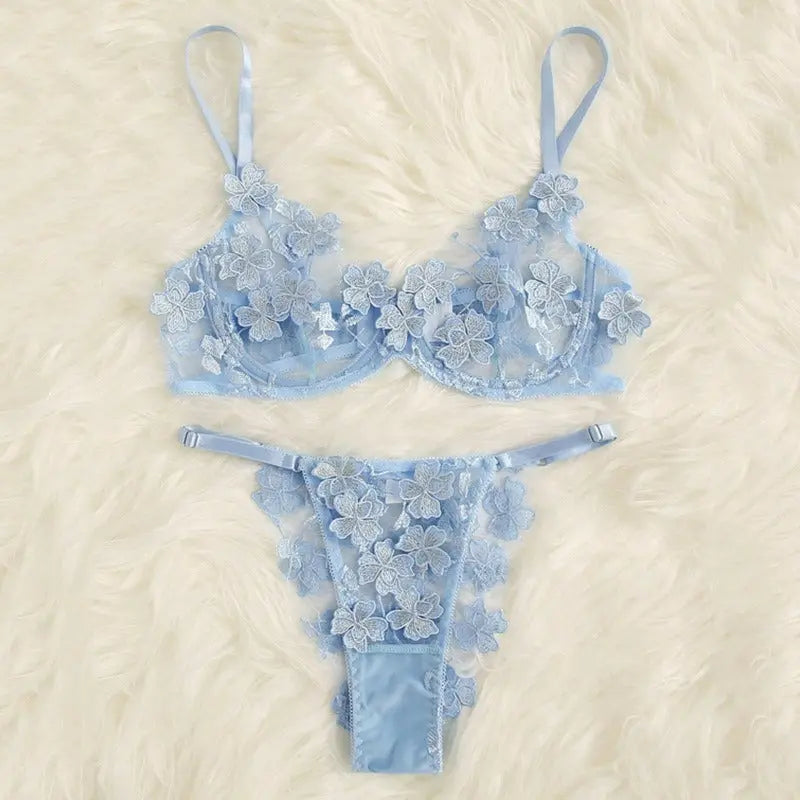 Funny Underwear Set Women's Sexy Sweet Mesh Embroidery Flower Decal eprolo