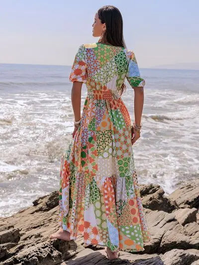 Printed Smocked Waist Short Sleeve Maxi Dress Coral Vanilla