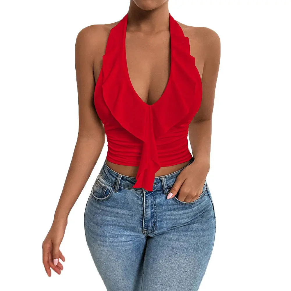 Women's sexy neck hanging red vest with backless design short top eprolo