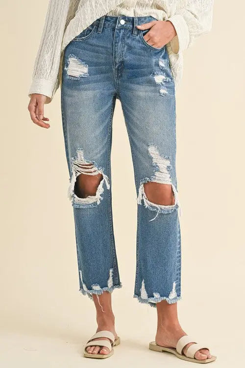 Annie Wear Distressed Raw Hem Cropped Jeans Jade Icarus