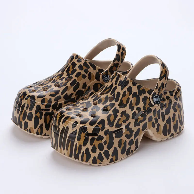 Cave shoes for women in summer, leopard print height increasing thick soled Southeast Asian beach garden shoes, cool slippers for outdoor wear eprolo