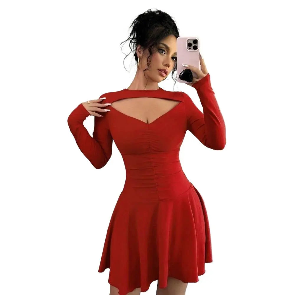 Autumn and winter European and American sexy red dress with waist cinched hollow A-line short skirt eprolo