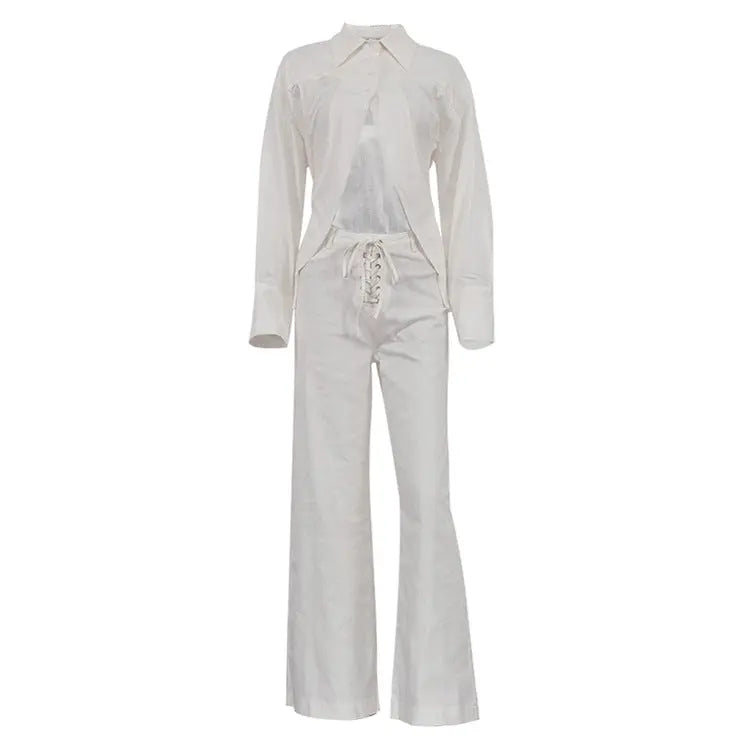 Flip collar long sleeved exposed navel design white shirt with hollowed out lace up wide leg pants two-piece set eprolo