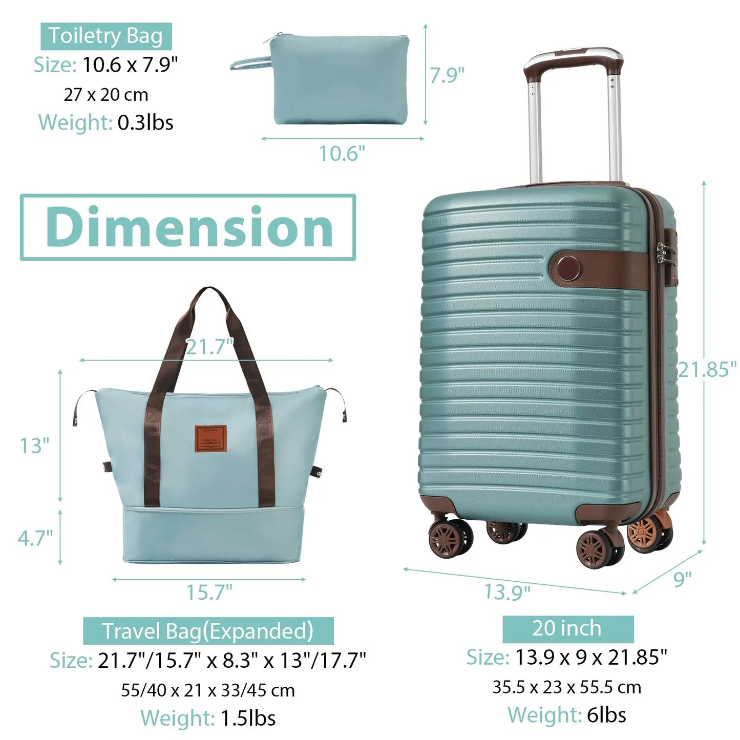 Luggage Sets 3 Piece Carry on Luggage 22x14x9 Airline Approved, Lightweight Hardshell ABS Suitcases with Wheels, 20 inch, Blue eprolo