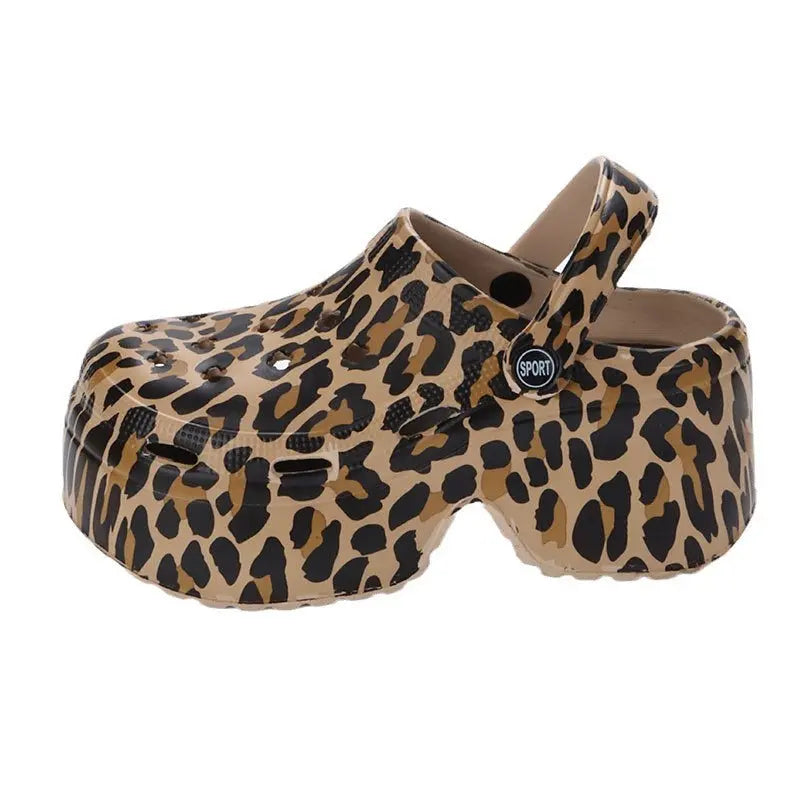 Cave shoes for women in summer, leopard print height increasing thick soled Southeast Asian beach garden shoes, cool slippers for outdoor wear eprolo