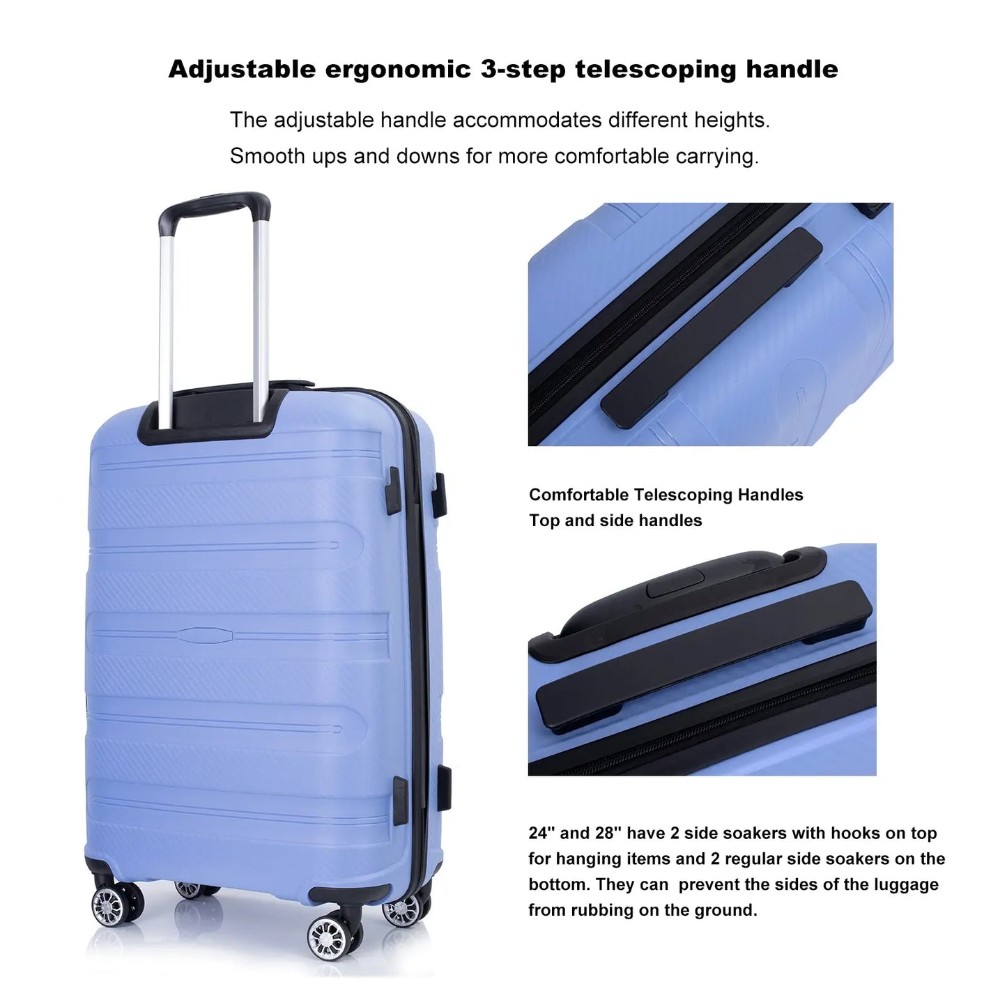 Hardshell Suitcase Spinner Wheels PP Luggage Sets Lightweight Durable Suitcase ,3-Piece Set (20/24/28) ,Purplish Blue eprolo