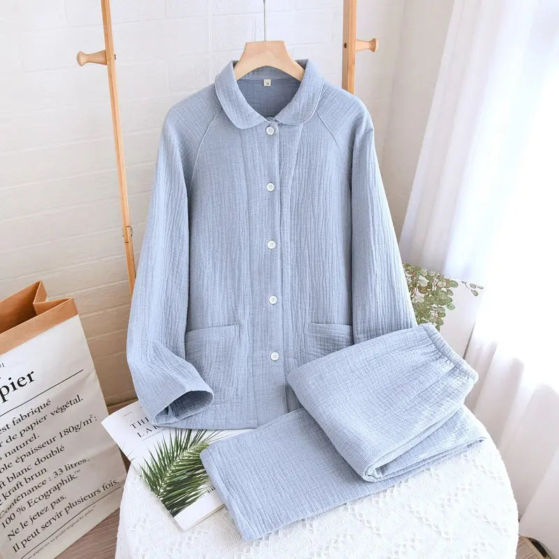 Women's sleepwear made of pure cotton with four layers of gauze, suitable for couples in spring, autumn, and winter. Men's casual plus size set eprolo