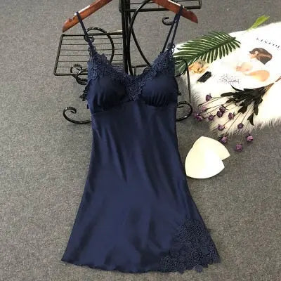 Women's Sexy Lingerie Silk Nightgown Summer Dress Lace Night Dress Sleepwear Babydoll Nightie Satin Homewear Chest Pad Nightwear eprolo