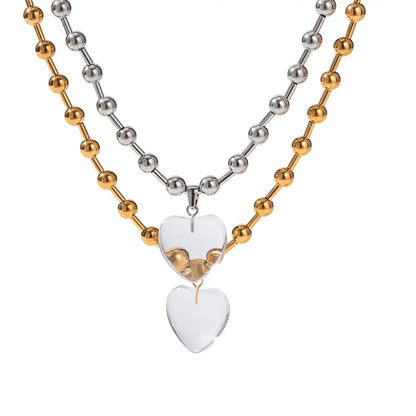 Round bead transparent heart pendant necklace for girls simple bead design niche women eprolo