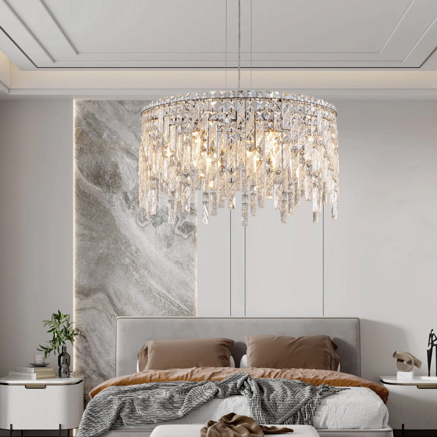 Deluxe round silver crystal chandelier, modern rectangular chandelier (excluding light bulbs) eprolo