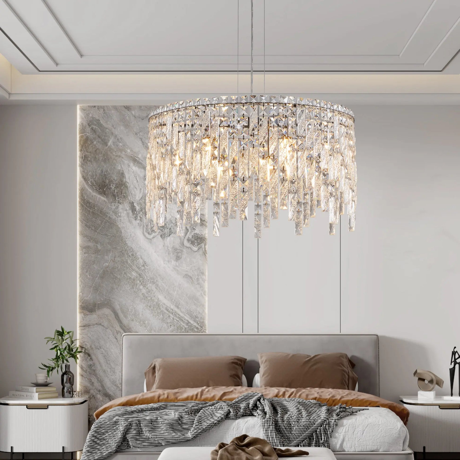 Deluxe round silver crystal chandelier, modern rectangular chandelier (excluding light bulbs) eprolo