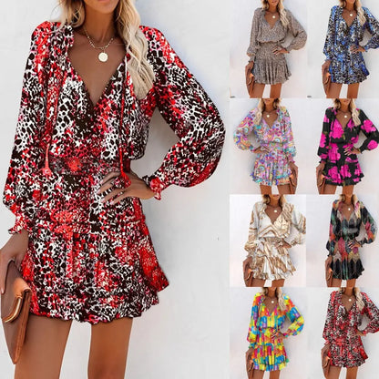 Spring and summer long sleeved V-neck fashionable printed waist cinching dress eprolo