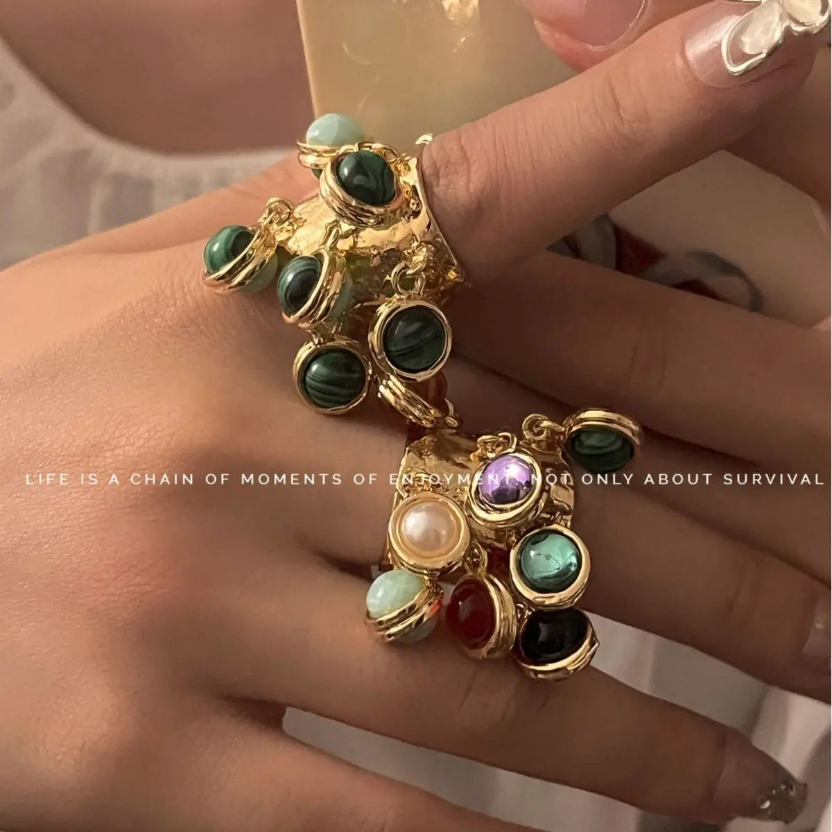 Retro court natural gemstone peacock stone glass multi pendant high-end tassel open ring eprolo