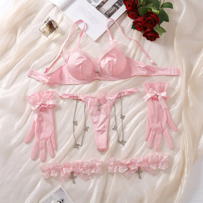 Japanese Cute Girl Pink Bow Sex Bra Set Elegant Lace Sexy Underwear Underwear Four Piece Set eprolo