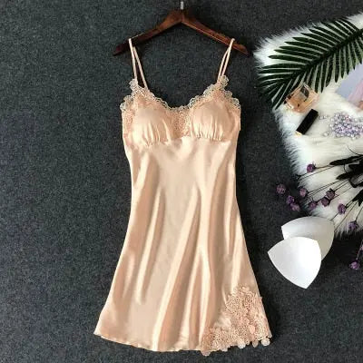 Women's Sexy Lingerie Silk Nightgown Summer Dress Lace Night Dress Sleepwear Babydoll Nightie Satin Homewear Chest Pad Nightwear eprolo