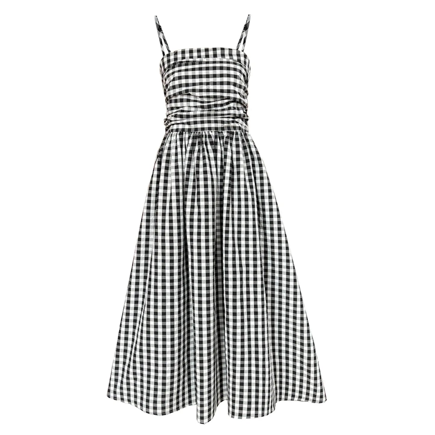 Checkered strapless camisole dress with exposed shoulders and folded waist A-line long skirt eprolo