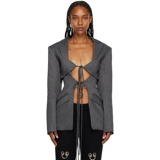 V-neck tie with hollow waist irregular splicing design stylish suit jacket for women eprolo