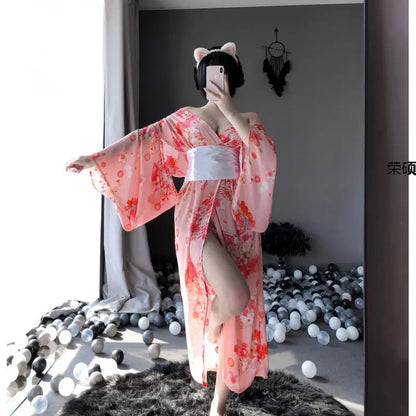 Sexy Underwear Japanese Kimono Long Cat Sexy Pajamas Tempt Women's Chiffon eprolo