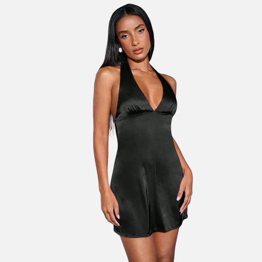 Women's sexy hanging neck satin dress with high waist and exposed back, slim fit short skirt from Europe and America eprolo