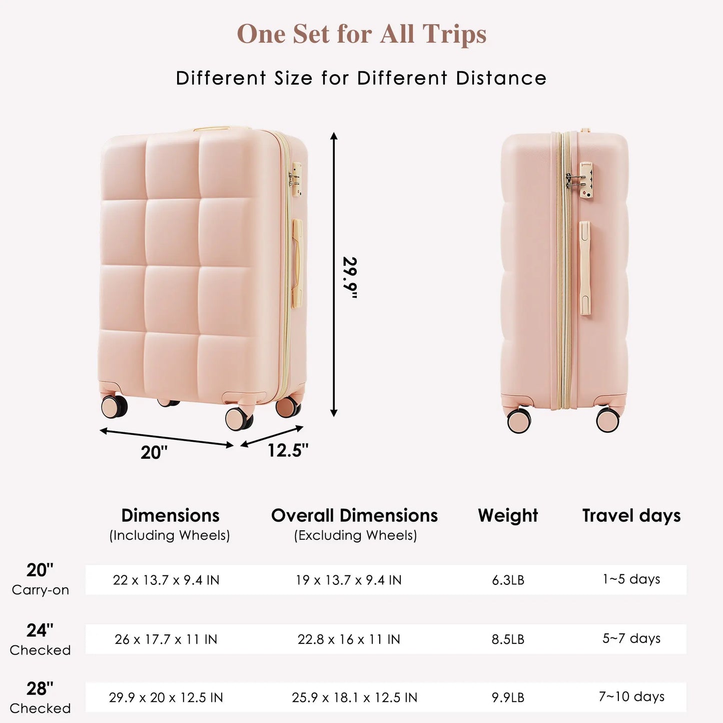 3-piece luggage set, 20 inches, ABS hard shell luggage with USB port and cup holder rotating wheel, pink color eprolo