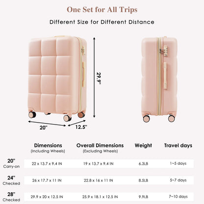 3-piece luggage set, 20 inches, ABS hard shell luggage with USB port and cup holder rotating wheel, pink color eprolo