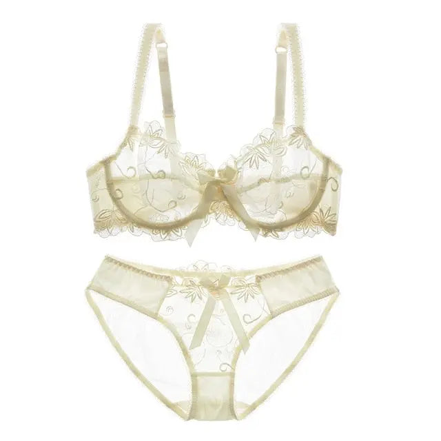 Embroidery Bras Underwear Women Set Plus Size Lingerie Sexy C D Cup Ultrathin Transparent Bra eprolo