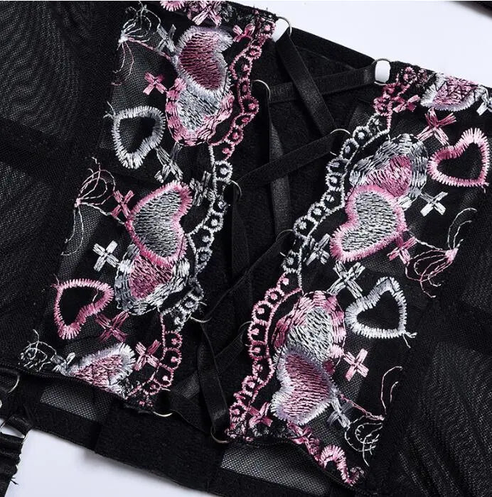 Three Pieces Female Sexy Lingerie Love Embroidery Girdle Cross Strap Sexy Lingerie eprolo