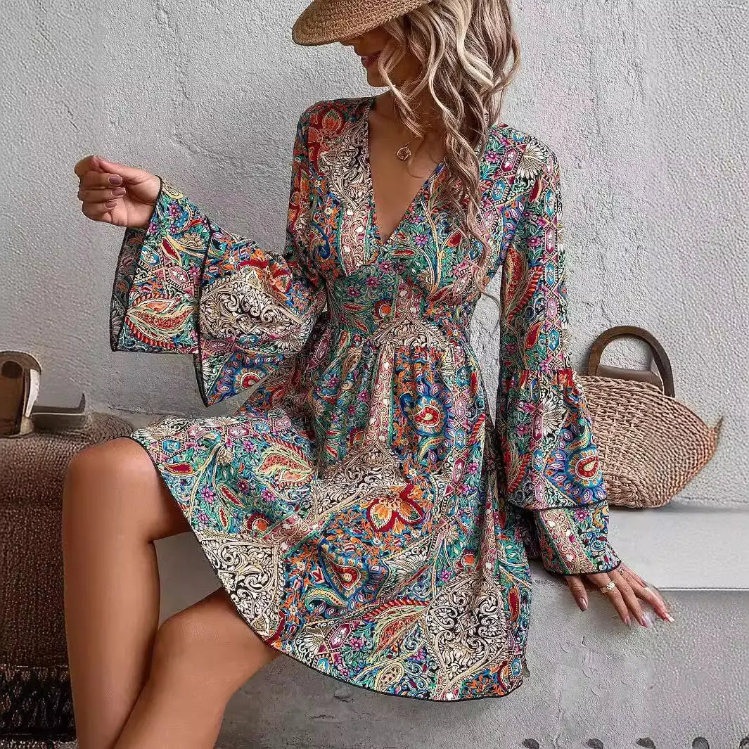 Autumn and winter new elegant women's floral print V-neck flared sleeve dress eprolo