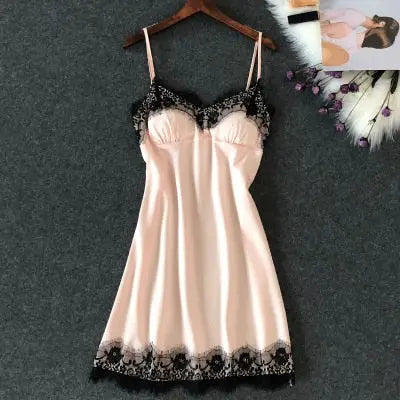 Women's Sexy Lingerie Silk Nightgown Summer Dress Lace Night Dress Sleepwear Babydoll Nightie Satin Homewear Chest Pad Nightwear eprolo