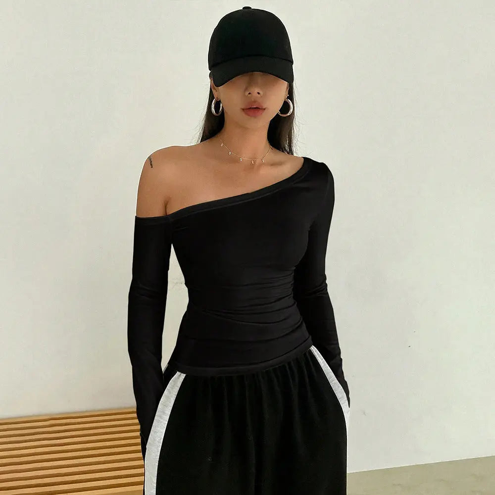 Fashion sexy off-the-shoulder T-shirt autumn and winter slanted collar design long-sleeved top women's clothing eprolo