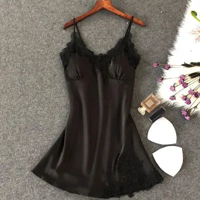 Women's Sexy Lingerie Silk Nightgown Summer Dress Lace Night Dress Sleepwear Babydoll Nightie Satin Homewear Chest Pad Nightwear eprolo