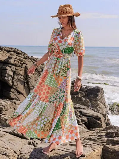 Printed Smocked Waist Short Sleeve Maxi Dress Coral Vanilla