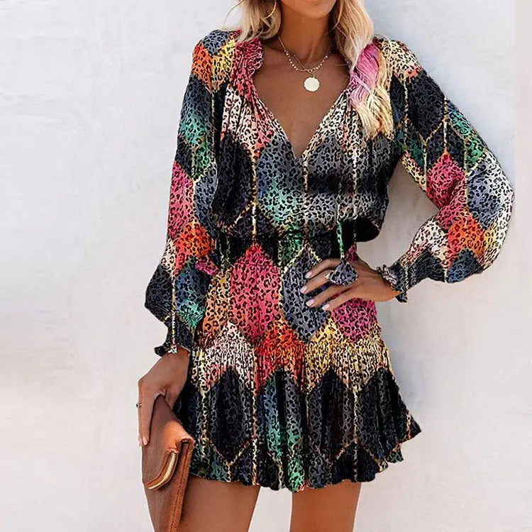 Spring and summer long sleeved V-neck fashionable printed waist cinching dress eprolo