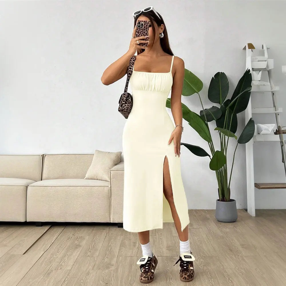 Women's minimalist style dress with high waist slit slim fit suspender mid length skirt eprolo